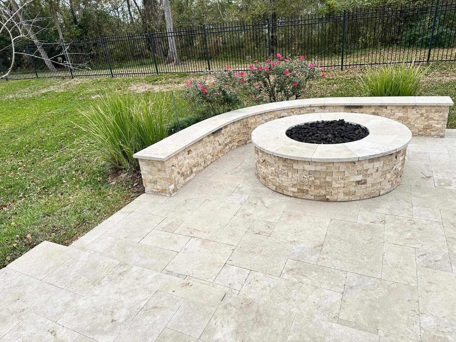 Travertine fire pit with matching bench